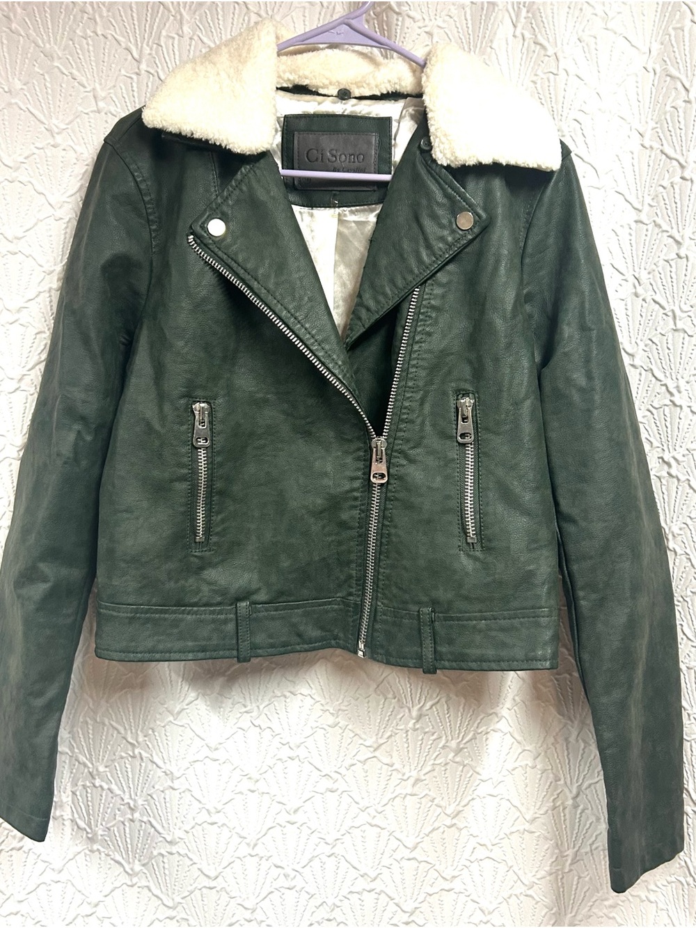 Ci Sono by Cavalini Deep Green Faux Leather Moto Jacket with Cream Sherpa Collar